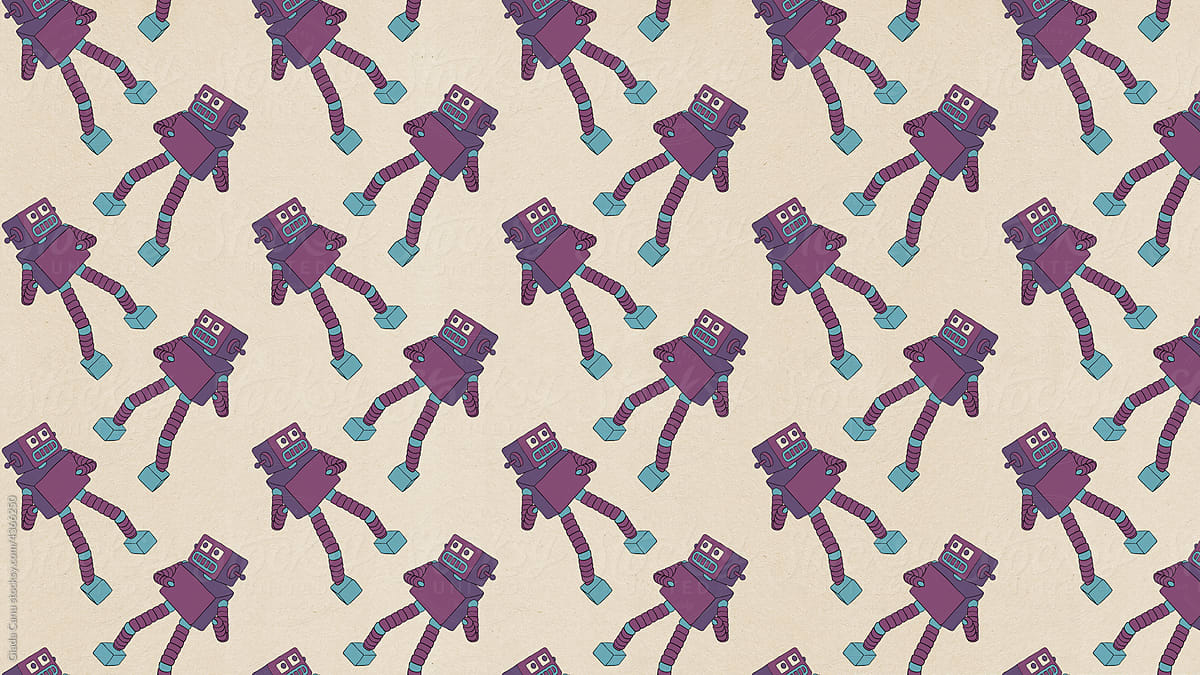 A pattern of violet and blue robots