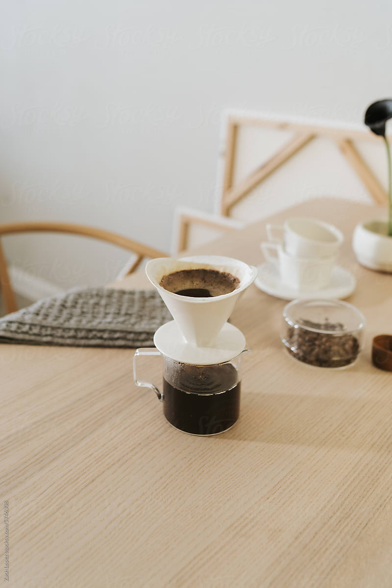 Pour Over Coffee Brewing On Table