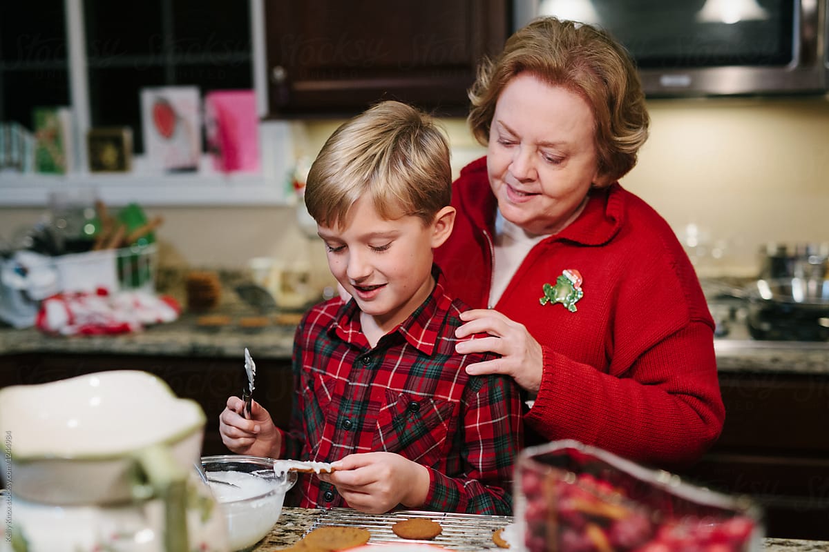 Grandmother And Grandson Baking Christmas Cookies By Kelly Knox Child Senior