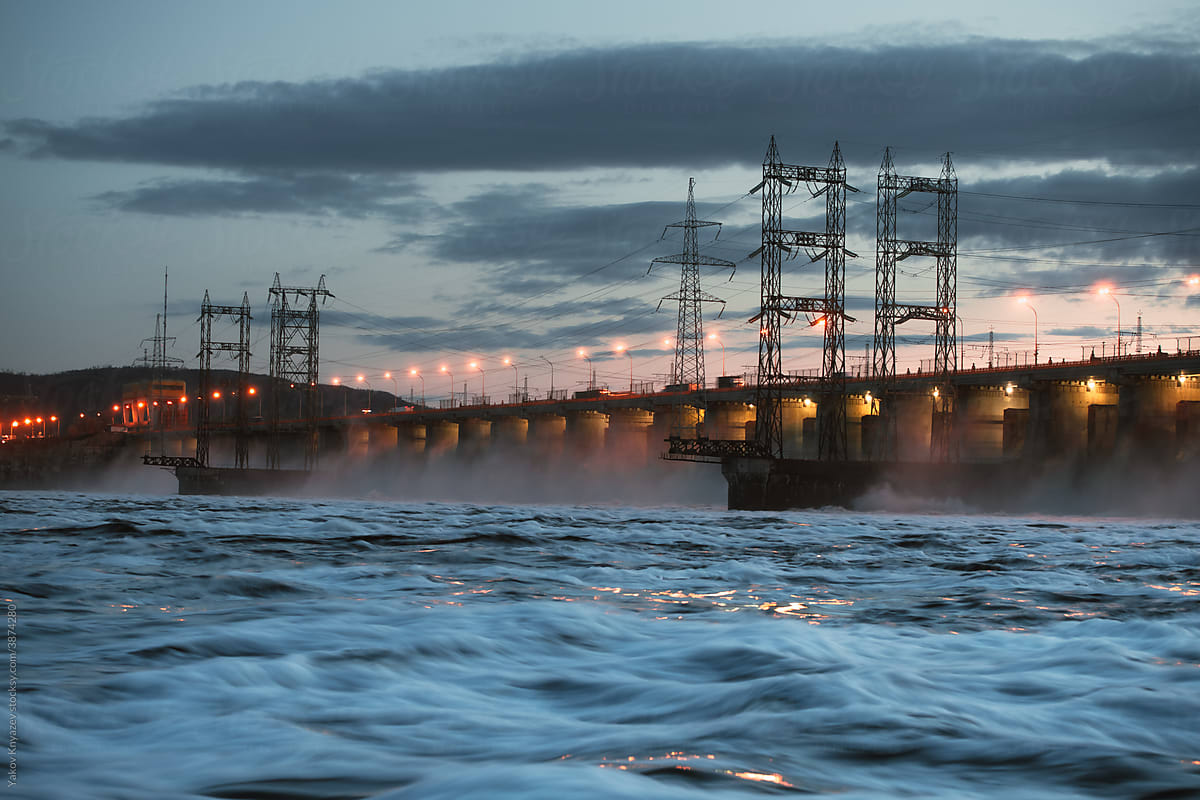 evening landscape of a hydropower electric station