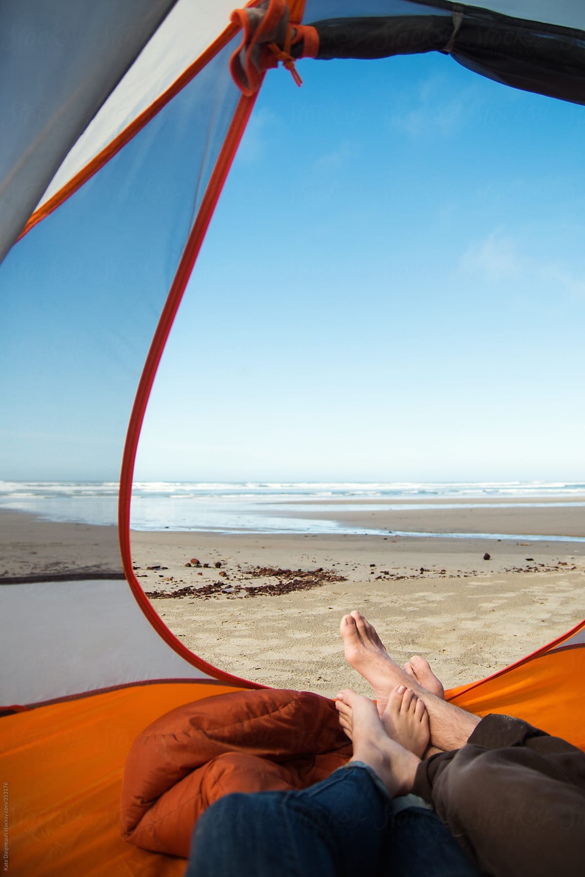 Couples Sandy Feet Sticking Out Of Tent Camping On The Beach By 