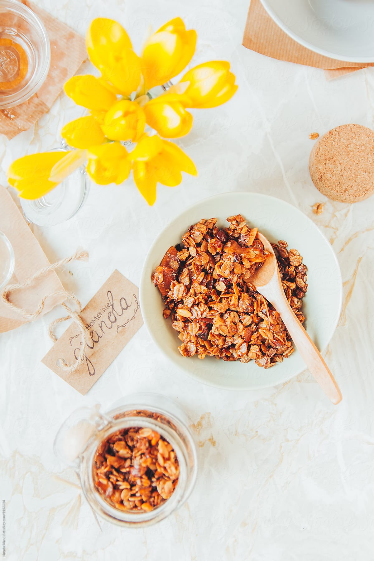Delicious homemade granola on marble background