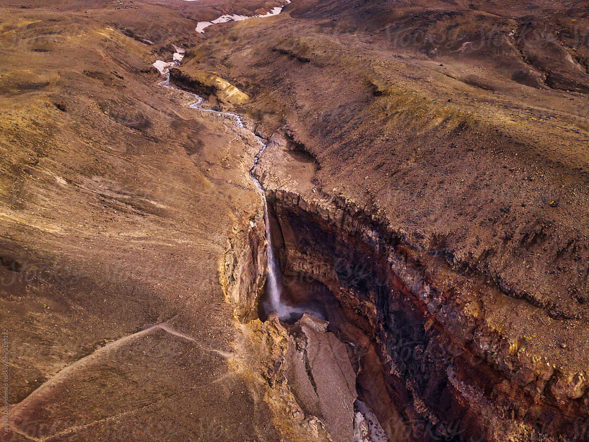 Aerial view from drone above crack in the rock in Kamchatka krai.