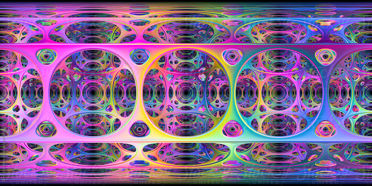 A bright geometric fractal of a 360-degree spherical panorama.