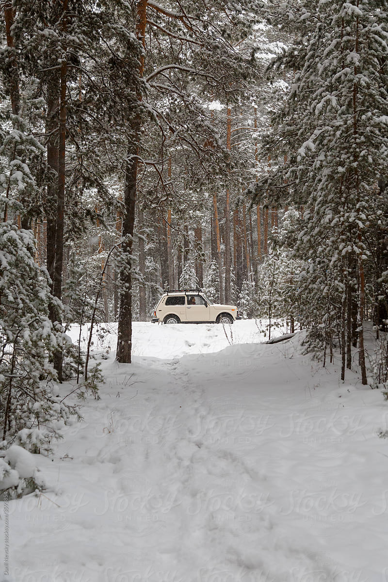 Off road vehicle in winter forest