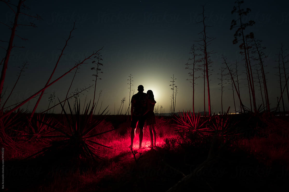Hugged couple silhouette on surreal night scenery
