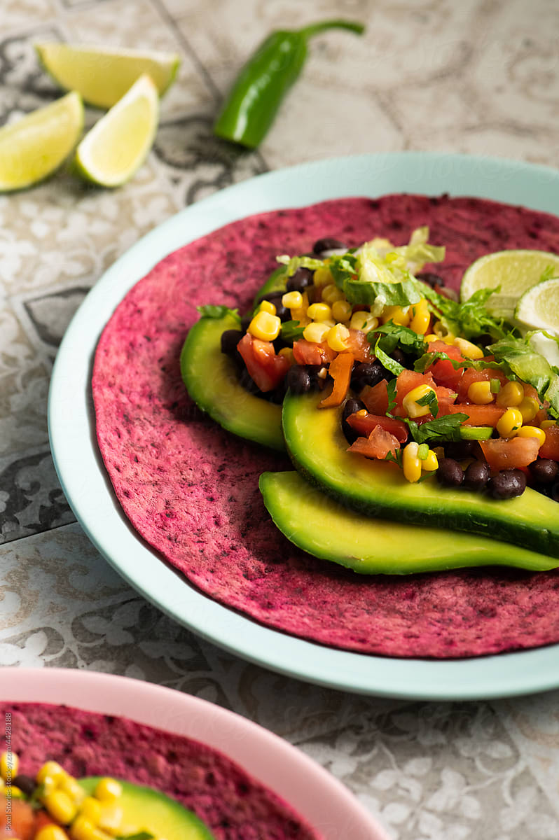 Vegan food: Mexican vegetable tacos with beet tortilla