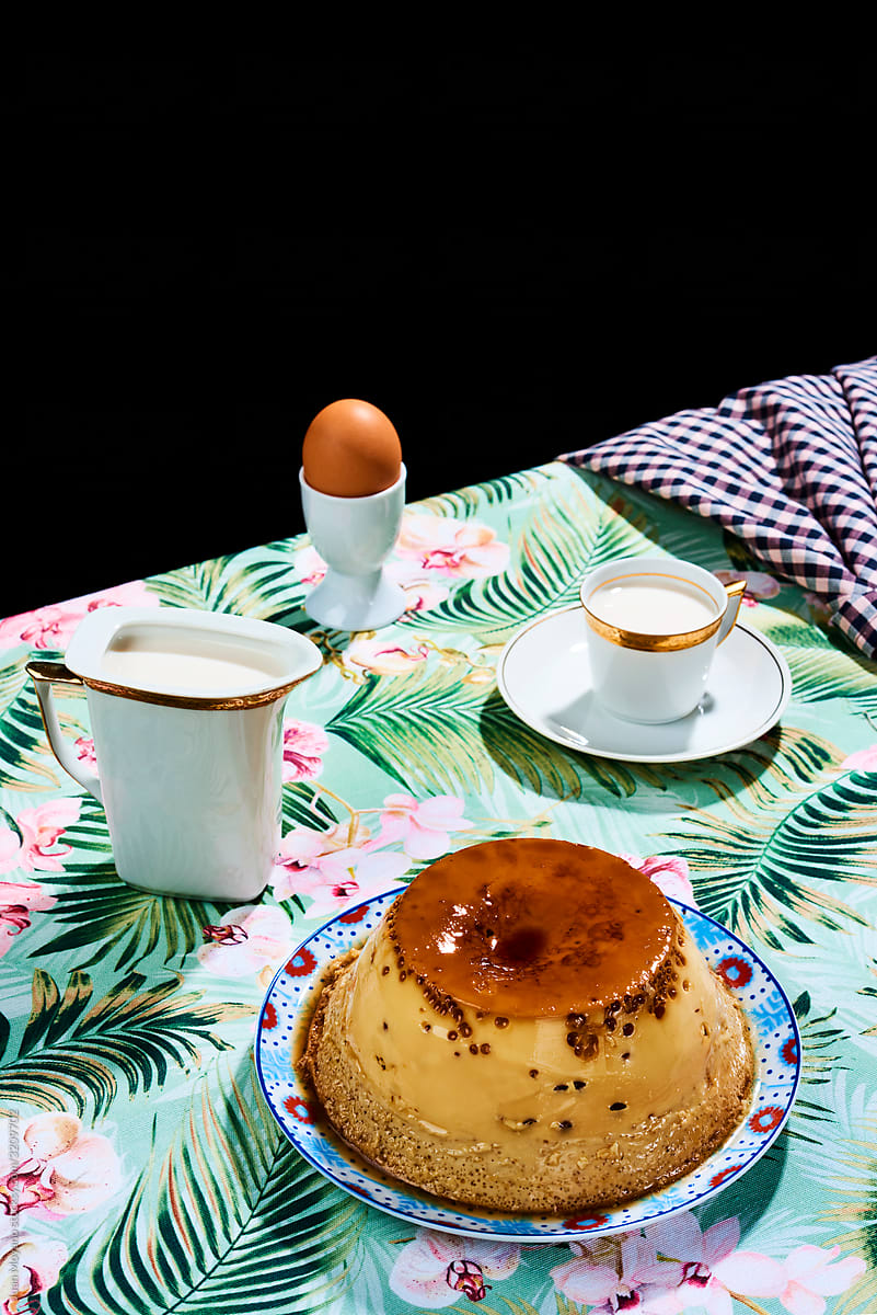 creme caramel, soft-boiled egg and milk