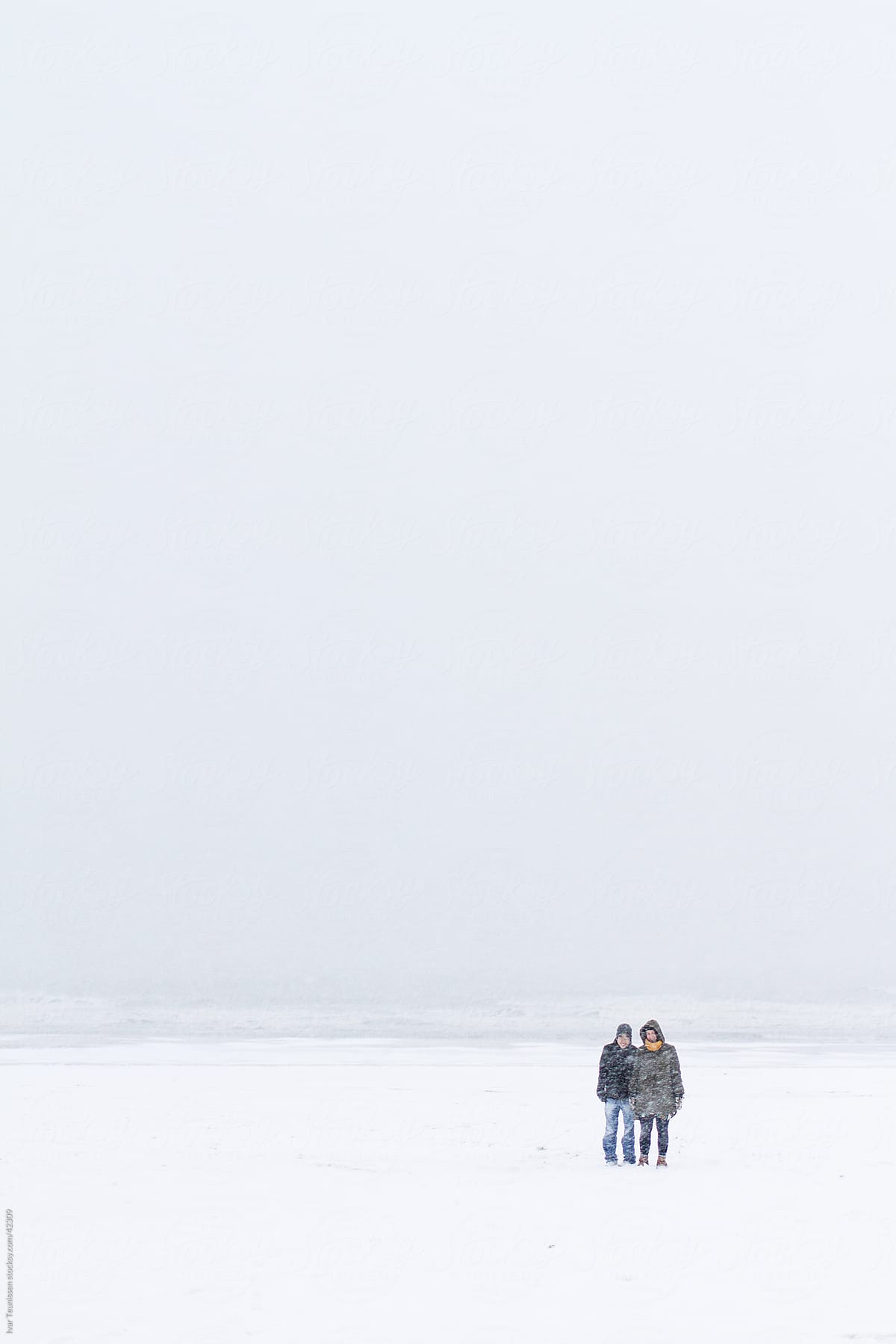 Two friends on a snowy beach