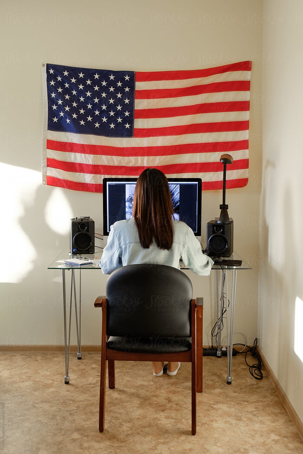 Back view of woman at her computer. Fourth of July