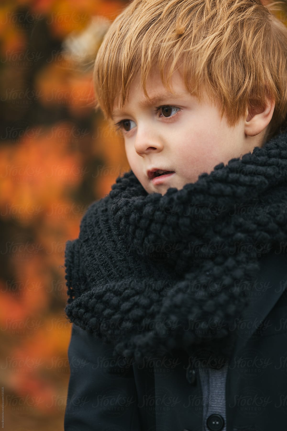 A portrait of a young boy in a big scarf looking away