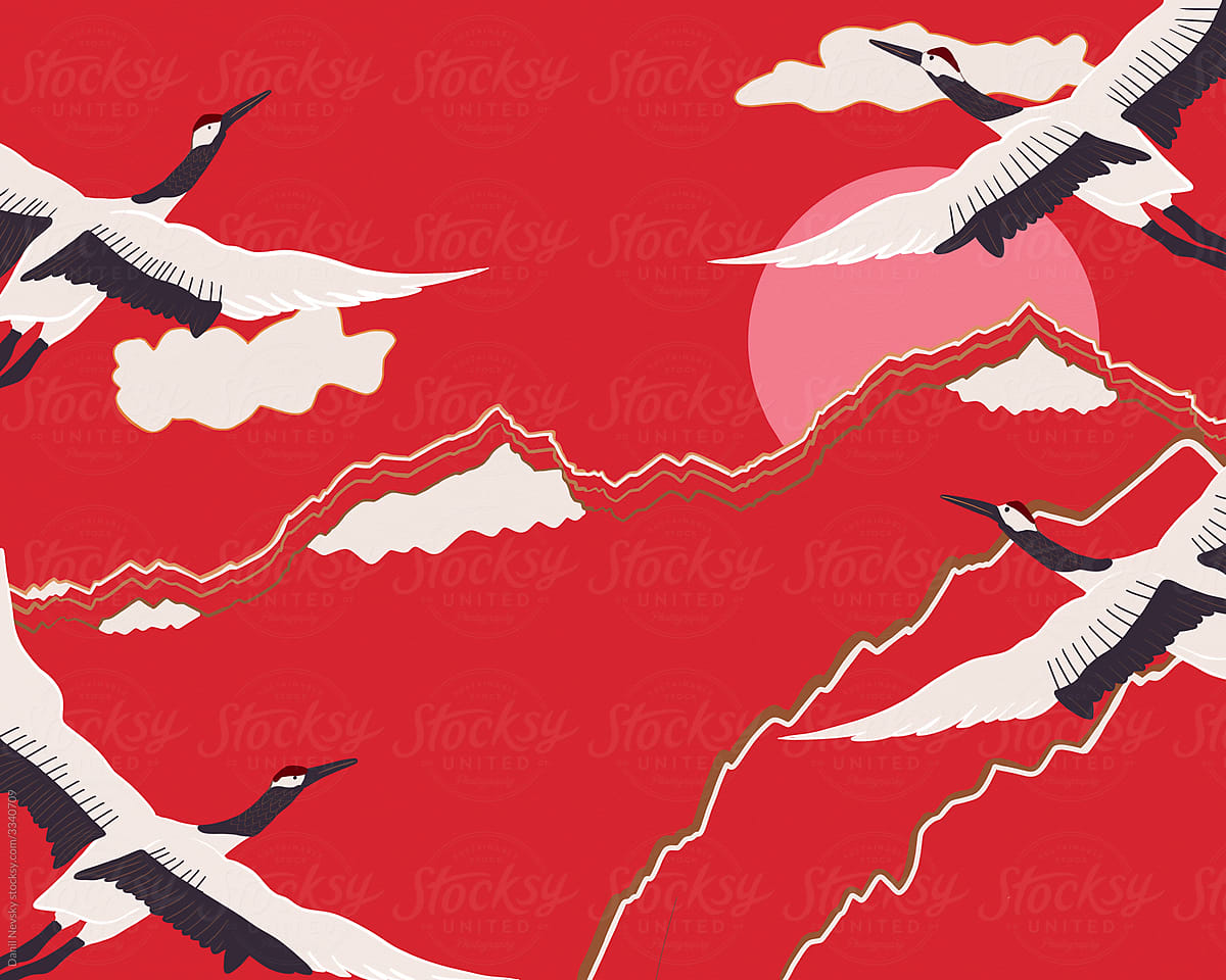 Flock of cranes flying in mountains