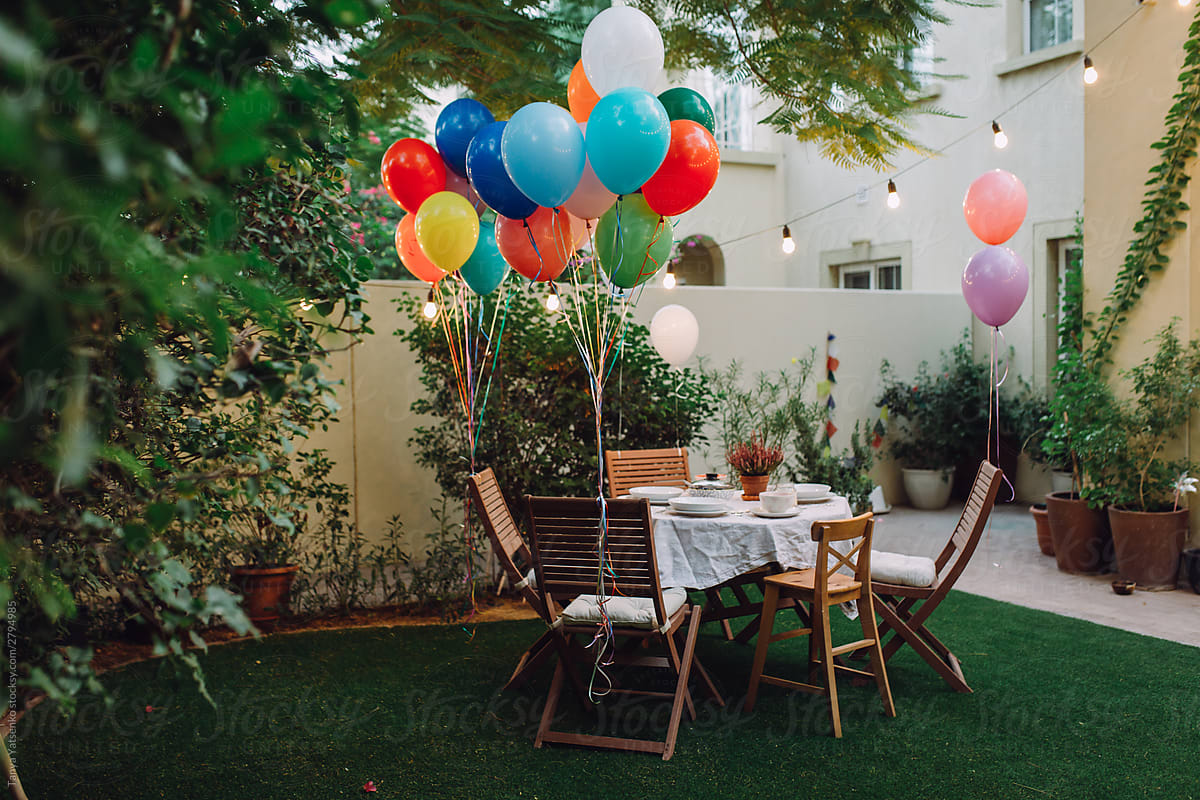 Birthday decorated garden with balloons