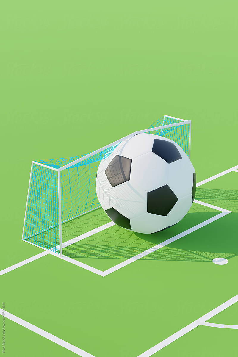 3D render of soccer concept. Giant soccer ball stuck in goal door.