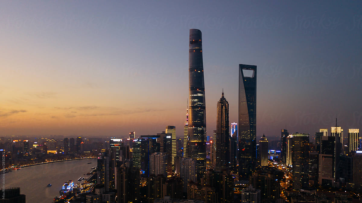 panoramic view of illuminated buildings against sky during sunset,Shanghai