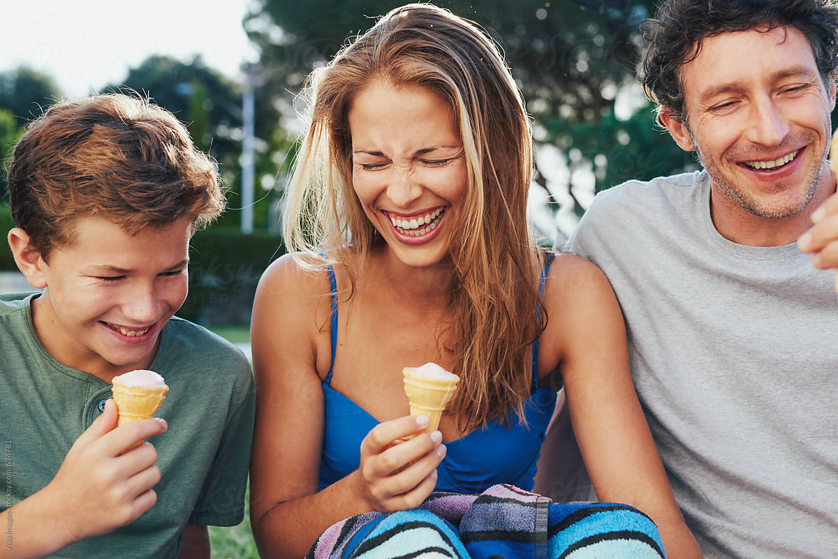 family fun bonding eating ice cream in summer