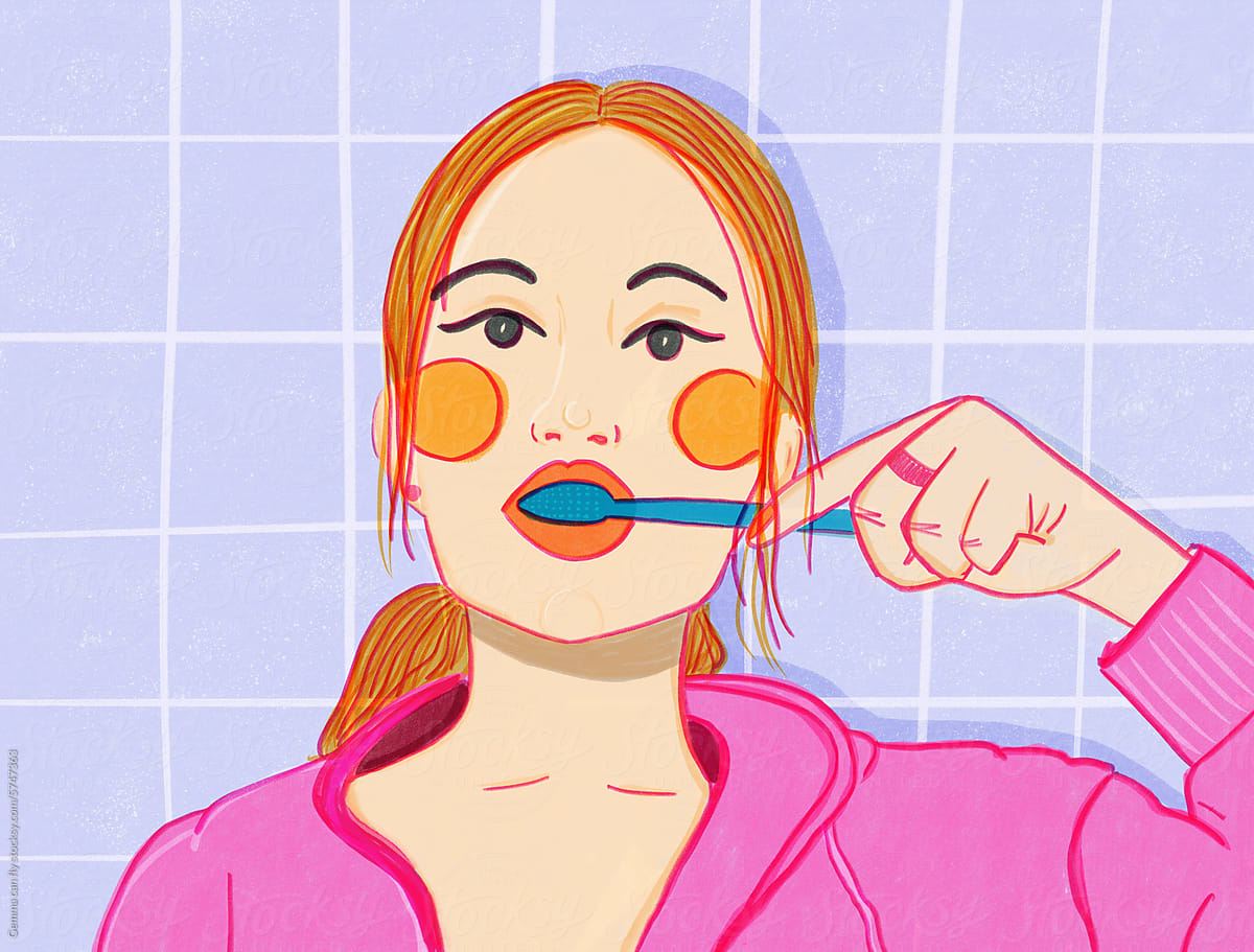 Woman washing tooth in bathroom, illustration