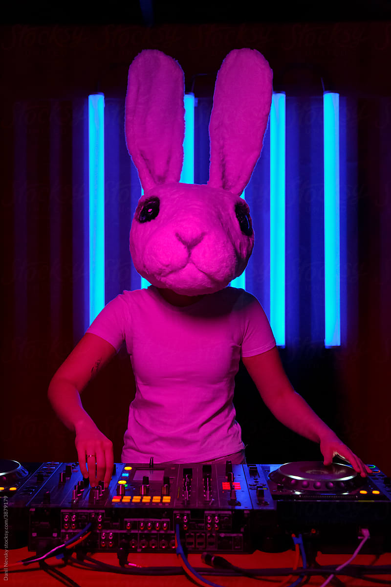 DJ girl in a rabbit mask  a nightclub