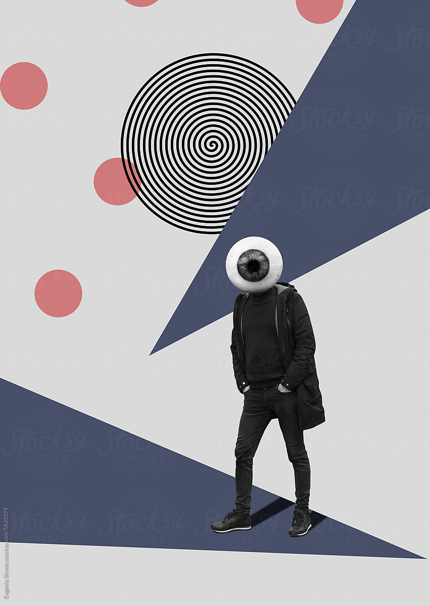 Collage with a man with a eyeball instead of a head