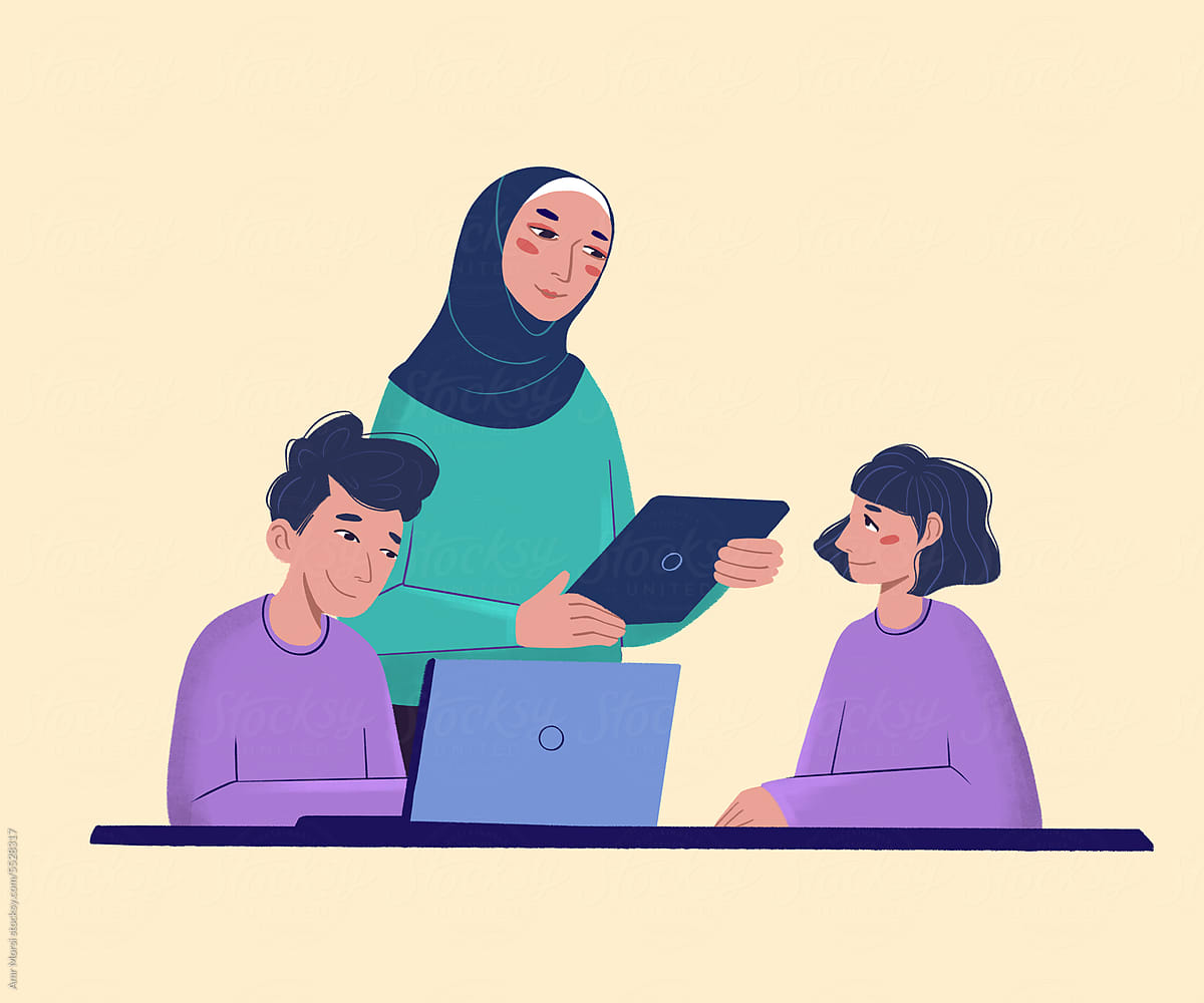 Hijab-Wearing Teacher with Tablet Teaching Students with Laptops