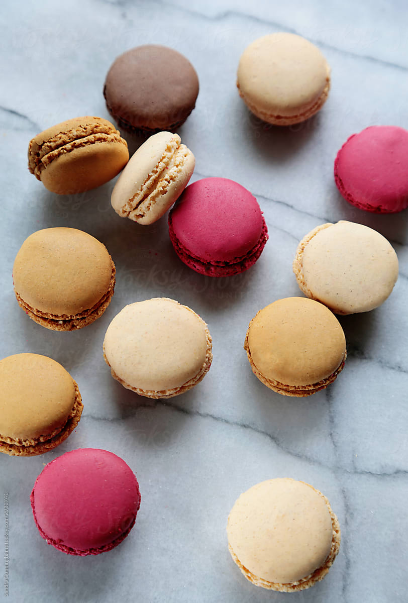 Assortment of french macaroons on marble