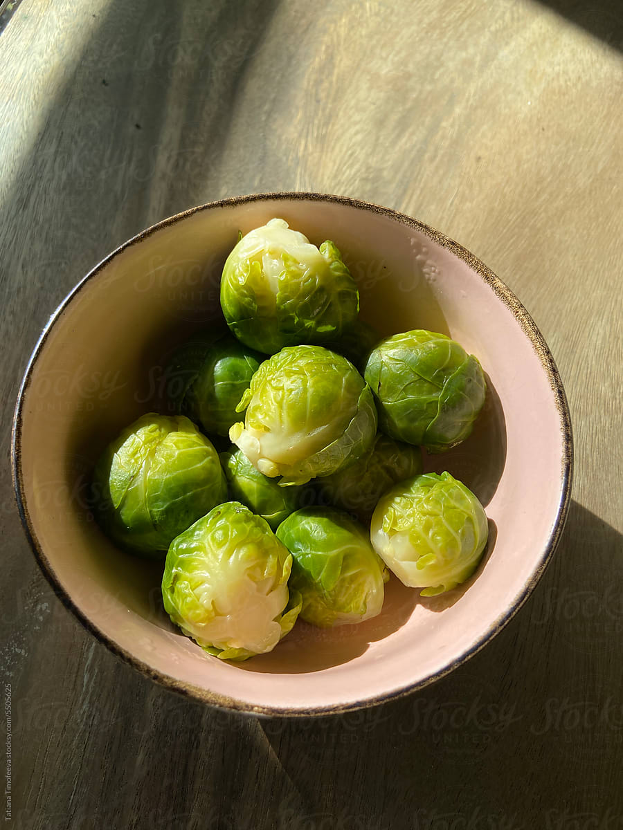UGC Brussels sprouts in a plate on the kitchen table