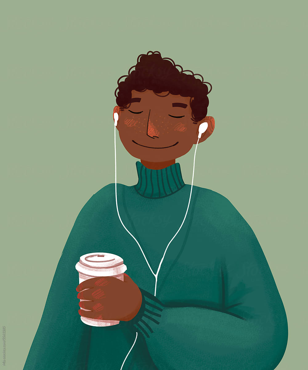 African boy\'s Leisure Time: Coffee and Music Illustration