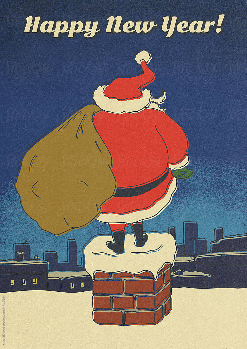 Happy New Year Retro Santa Illustration