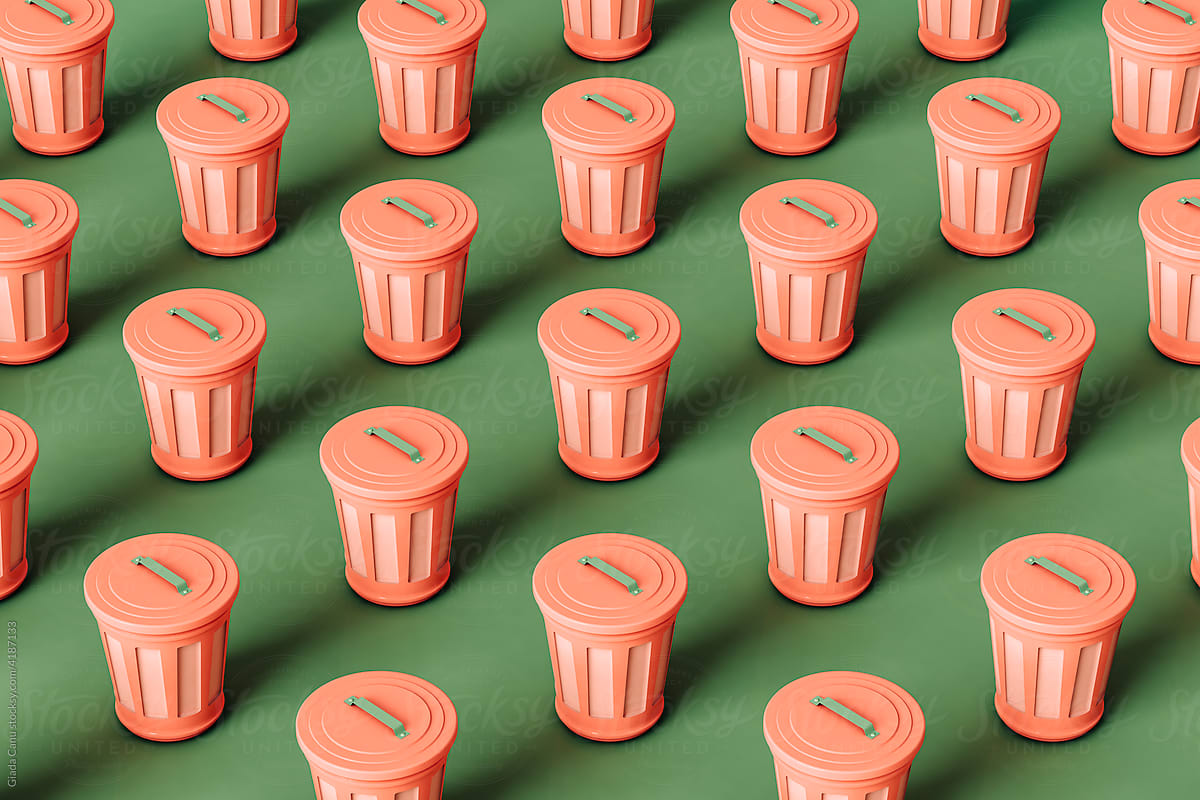 pink trash cans on a green background. 3D pattern