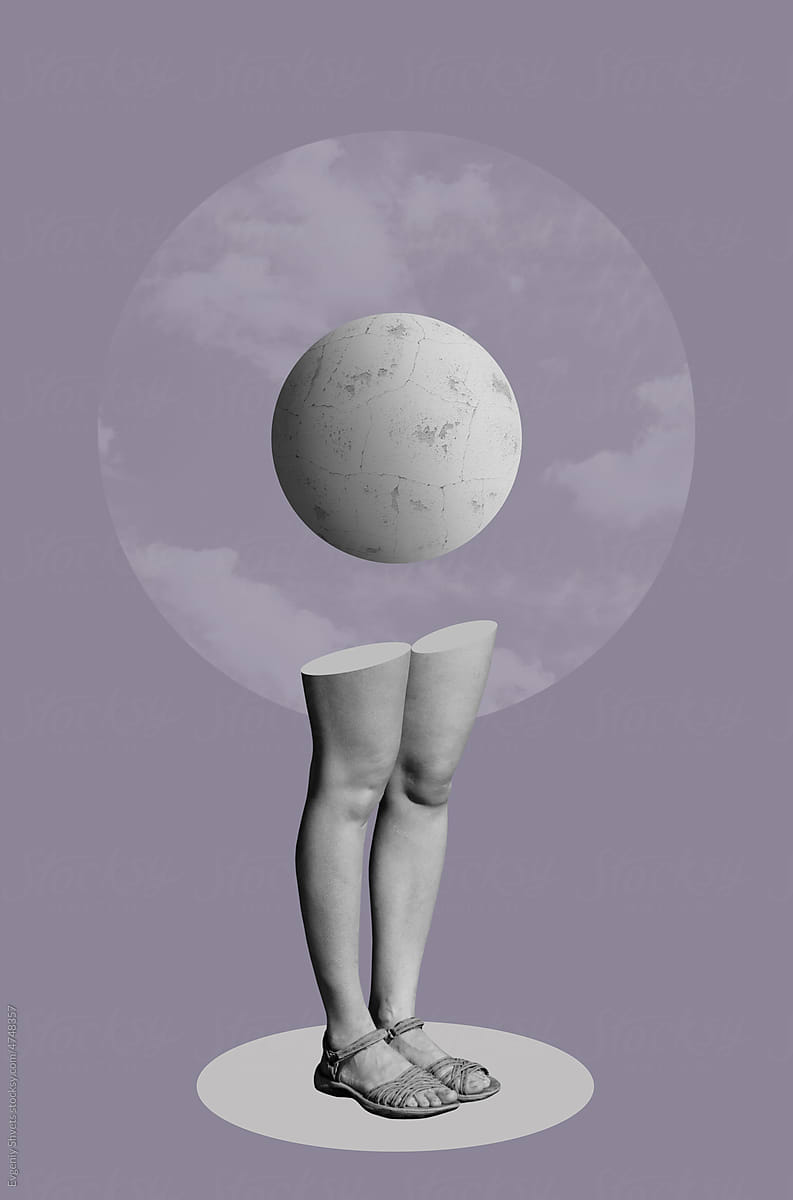 Collage art in surrealism style with female legs and sphere