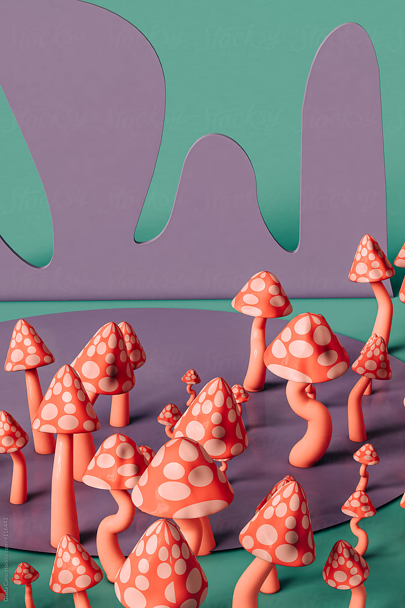 trippy pink fungi with violet design - green background