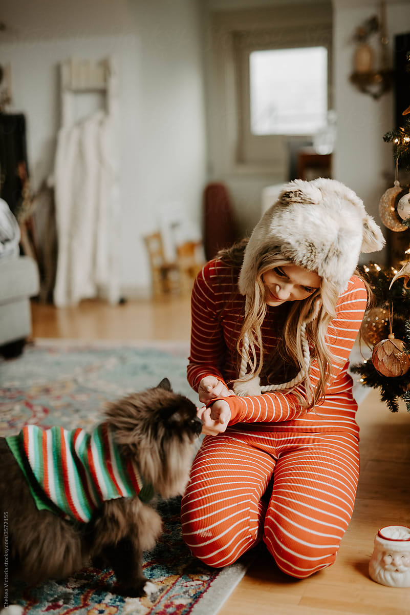 A woman decorating her apartment for Christmas with her pets