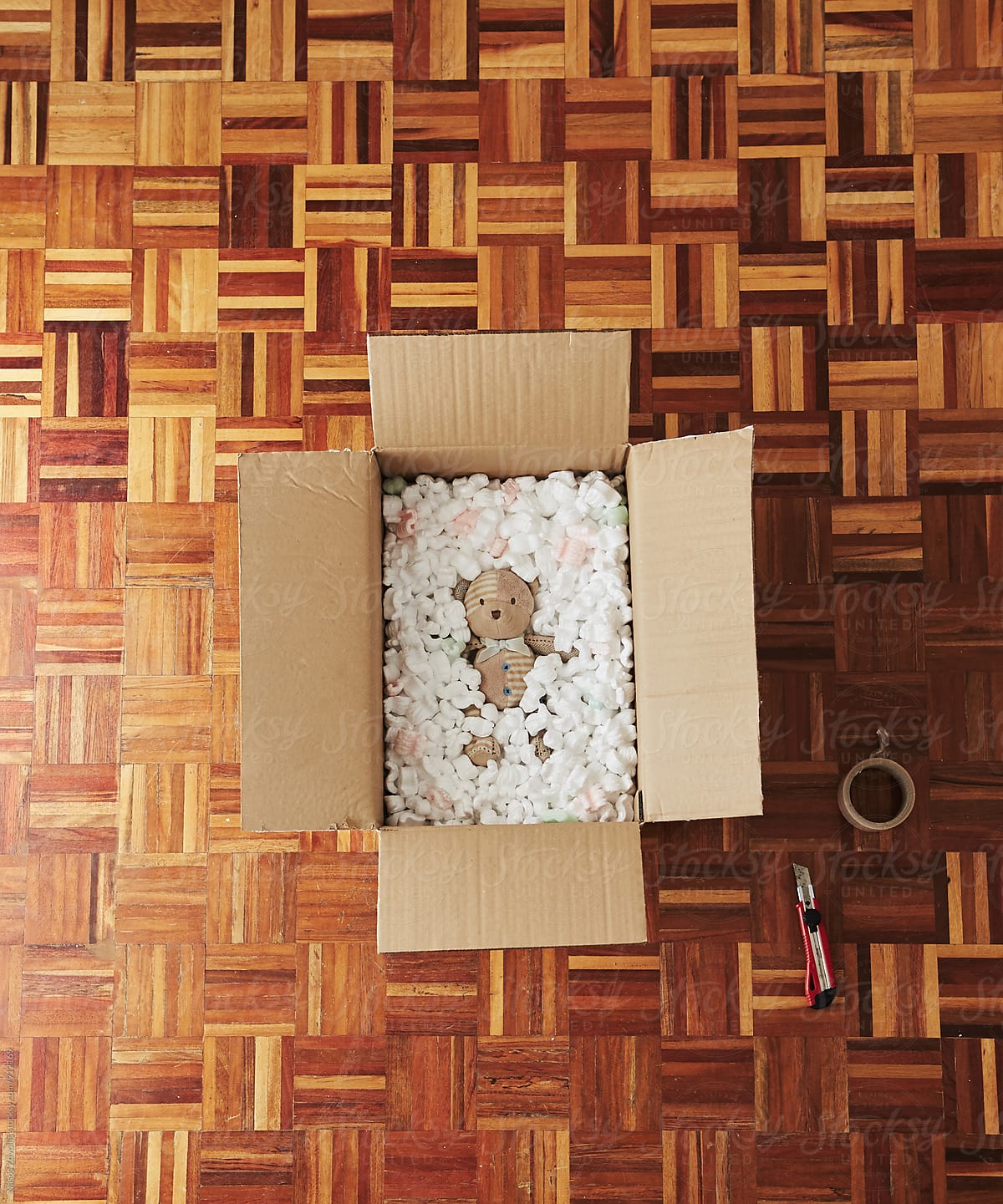 Packing teddy bear in a cardboard box