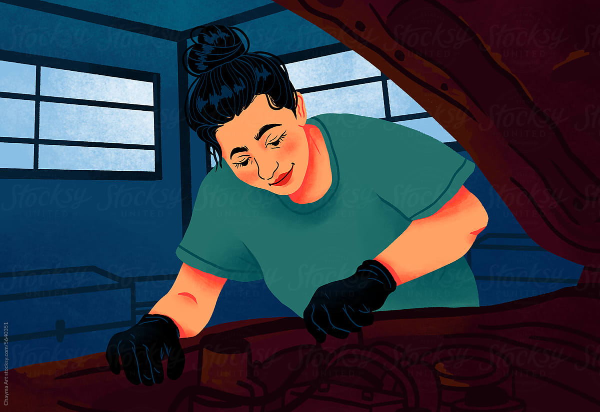 illustration of a young Woman tradesperson mechanic fixing car