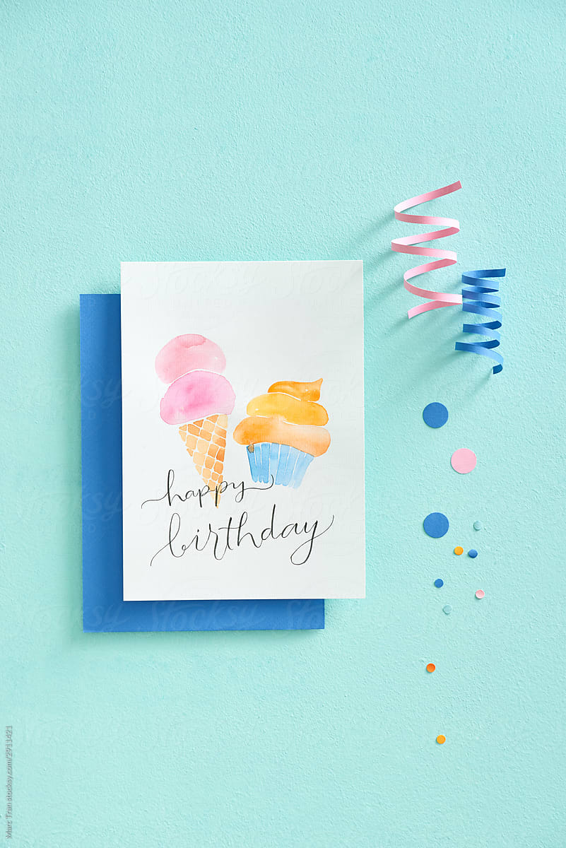 Minimal styled greeting card flatlay in pastel colors