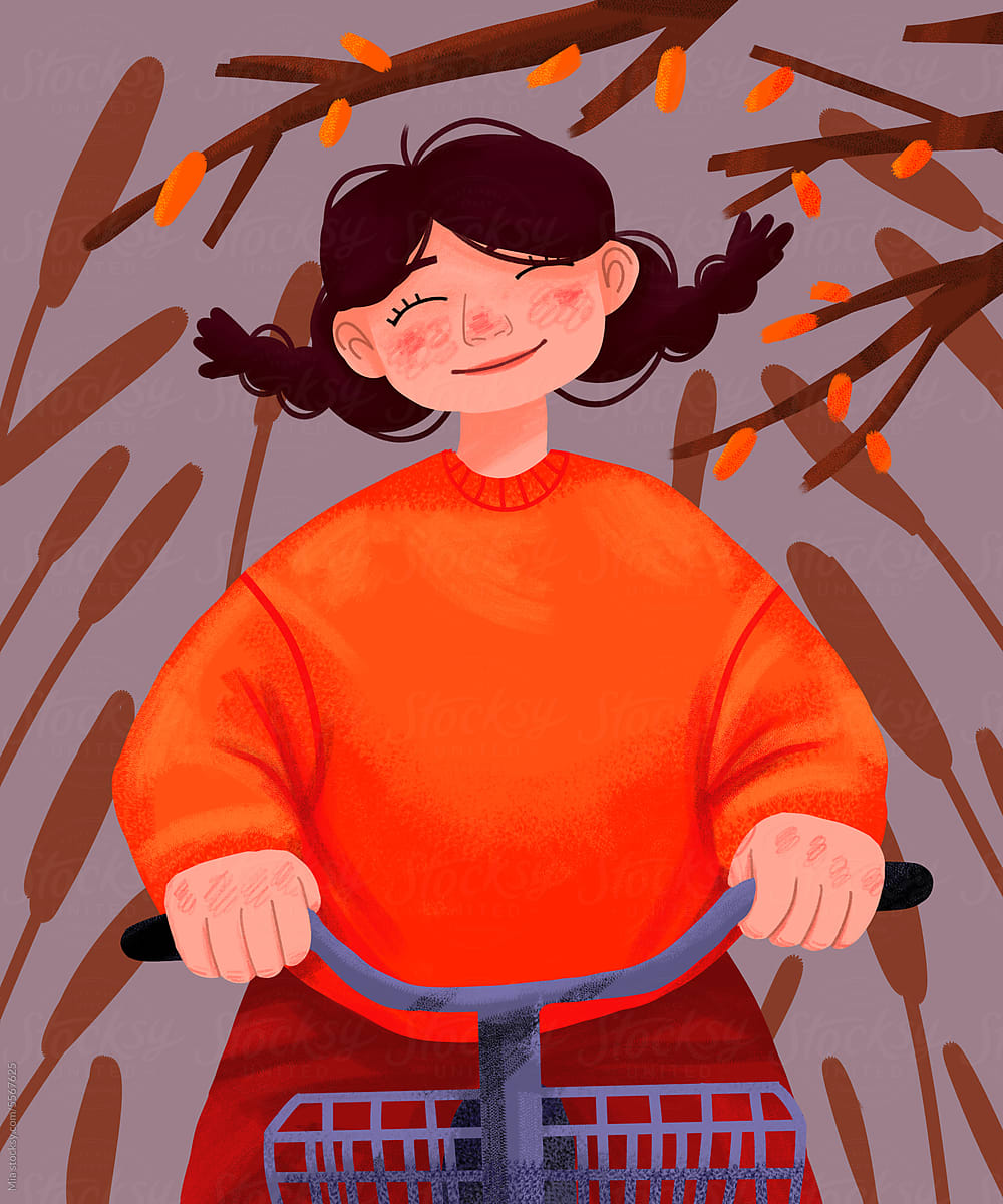 Girl\'s Bicycle Ride Through Autumn Trees