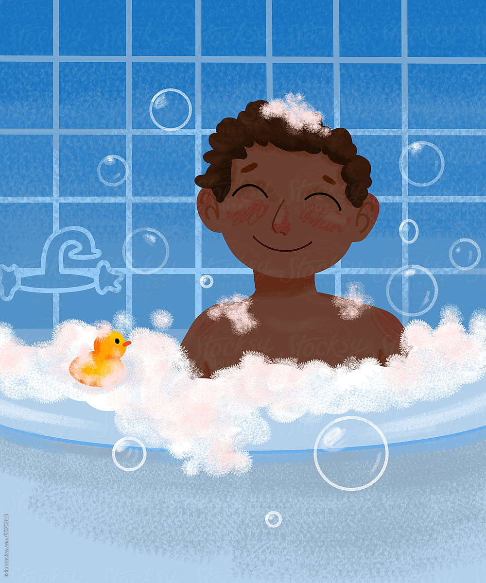 African American child\'s Playful Bubble Bath, Delightful Bath Time