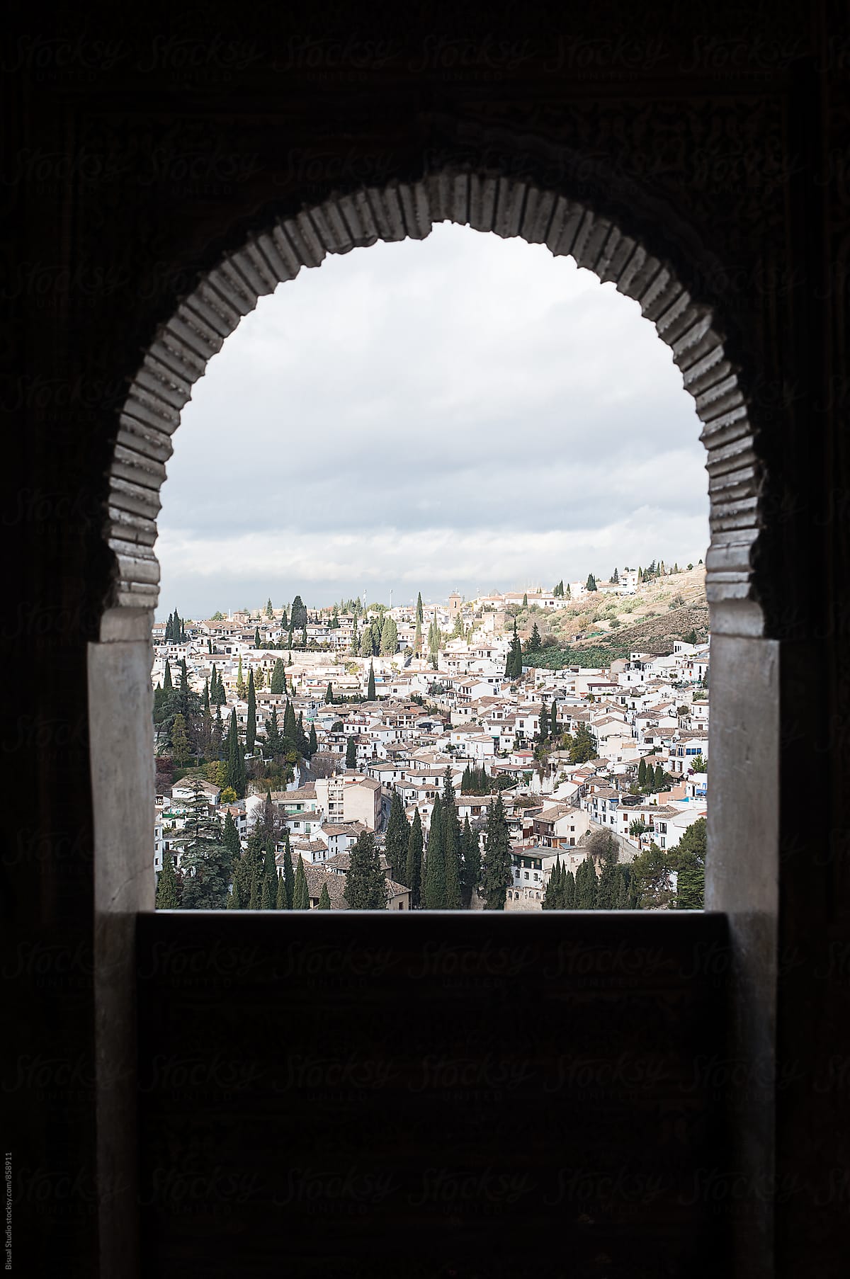 Views of the neighborhood of Albayzin from a window of the Alhambra