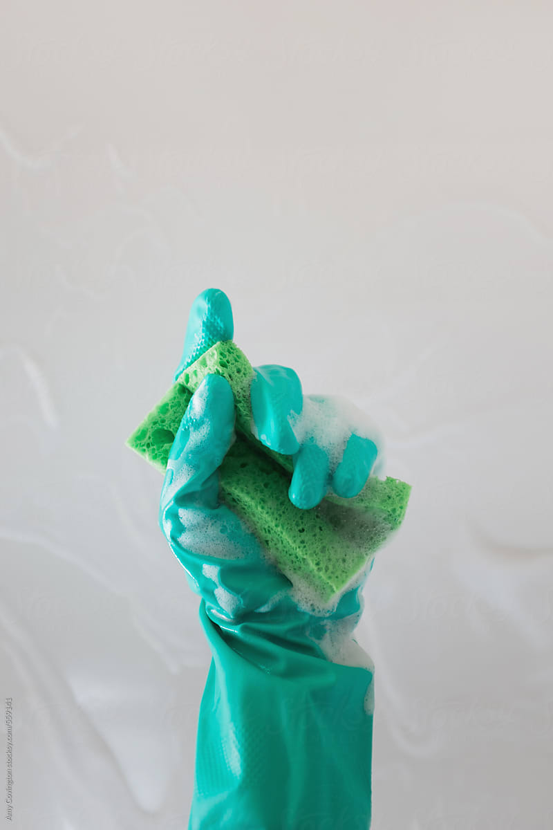 Soapy plastic cleaning glove holding a sponge