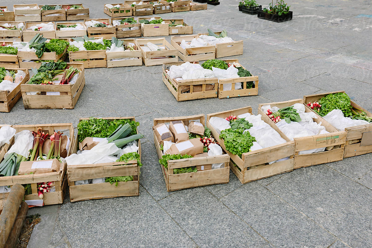 Organic food crates ready for pick-up for quarantined people in Paris