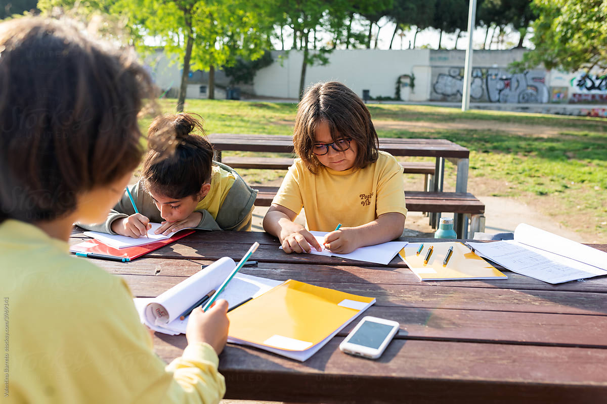 Students doing homework outdoor