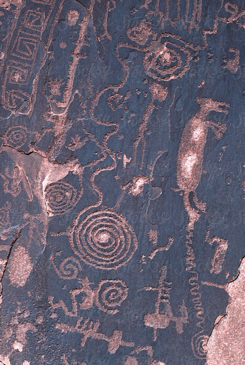 Petroglyphs rock etchings on stone surface in Painted Desert Arizona