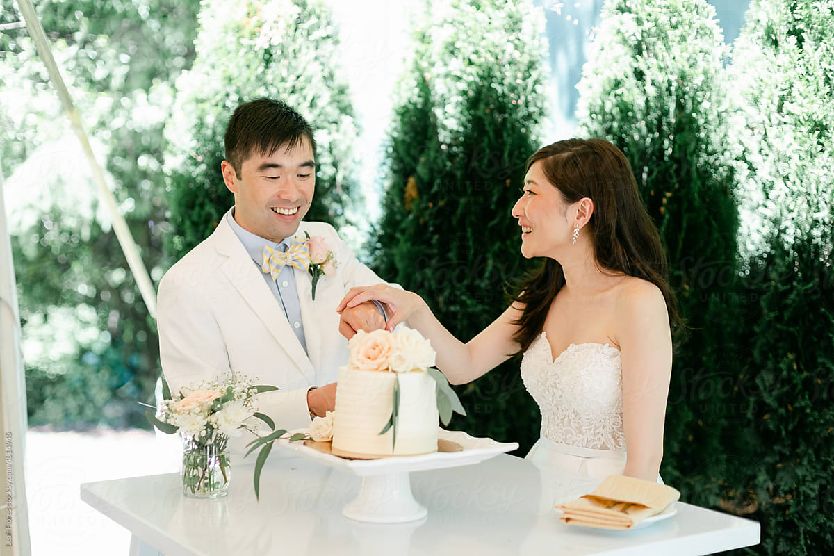 Happy Newlyweds Cut Wedding Cake Together