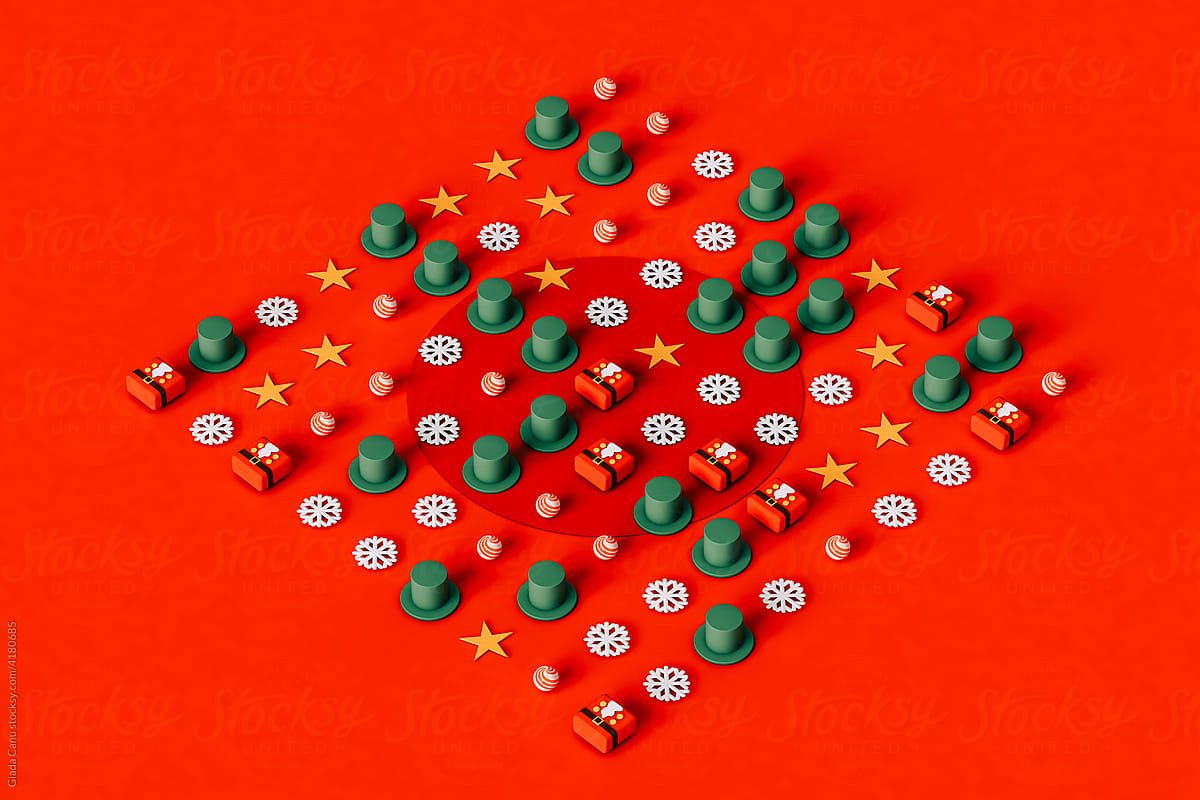 Christmas decorations organized in a rhombus on red