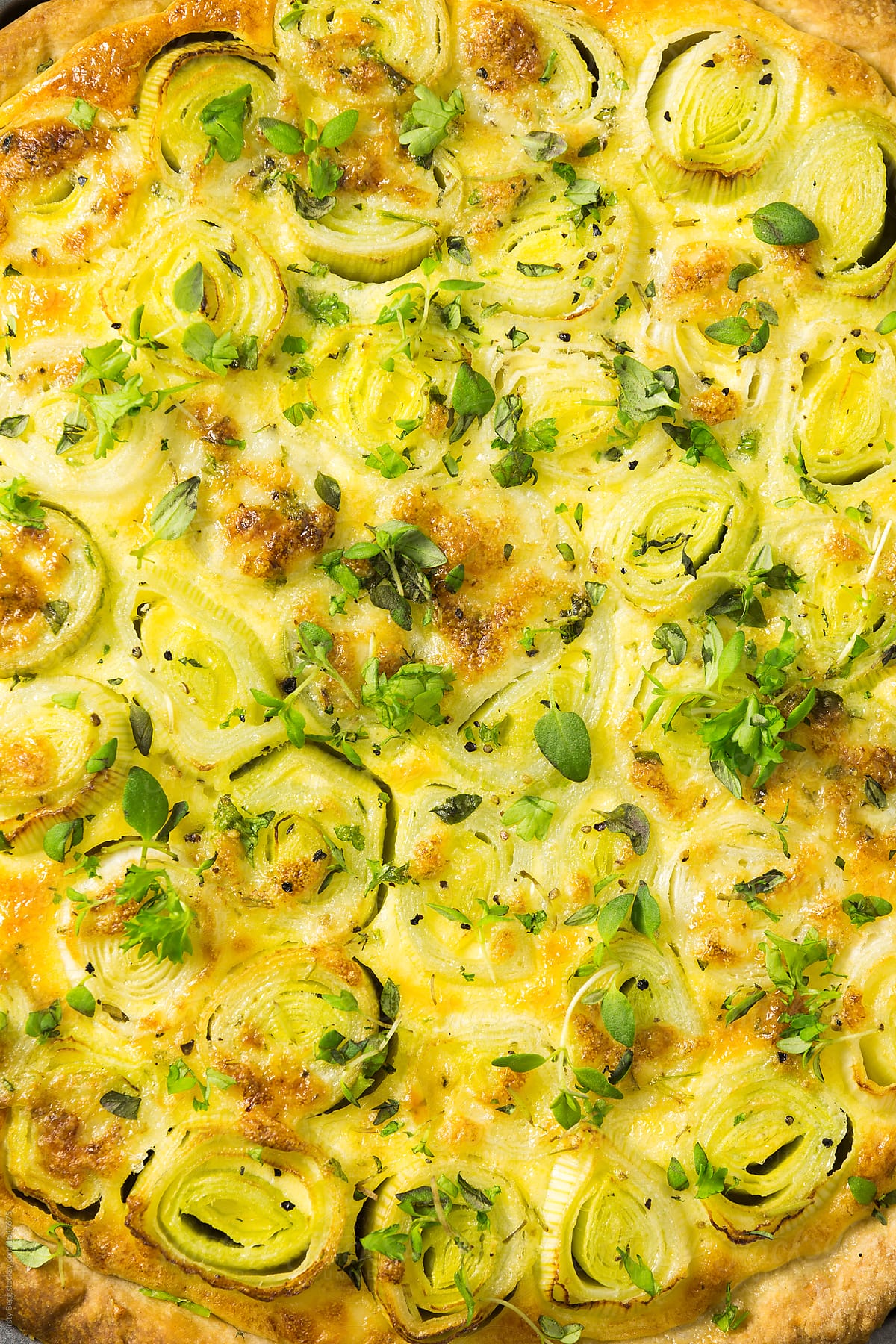 Close up of baked cheese and leek tart