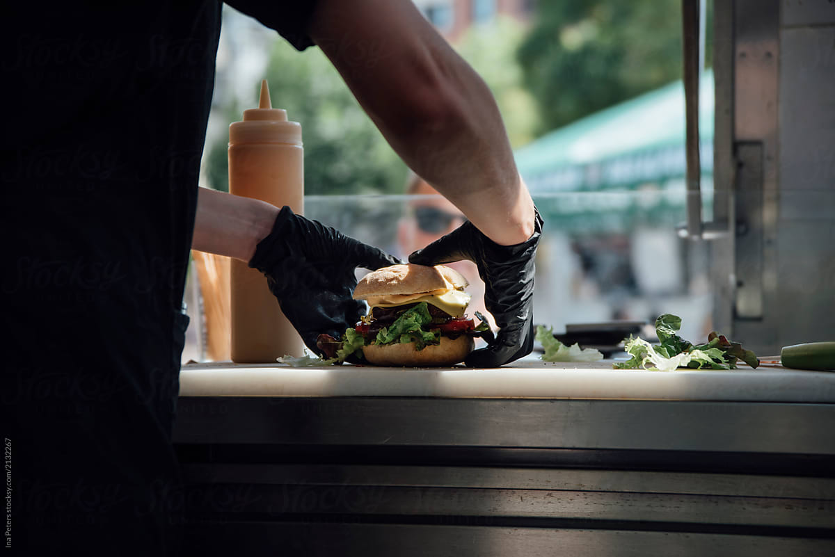 Food: Burger being prepared at a food truck