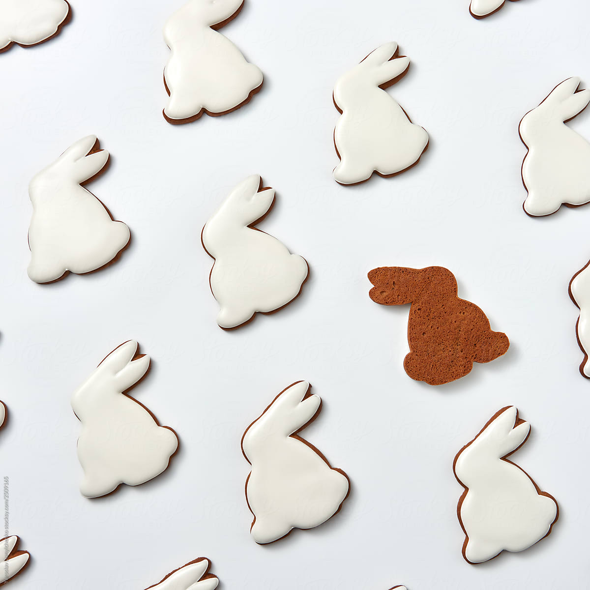 Cookies on the back side, and cookies in the shape of rabbits with white icing on a light background. Creative Easter pattern. Flat lay