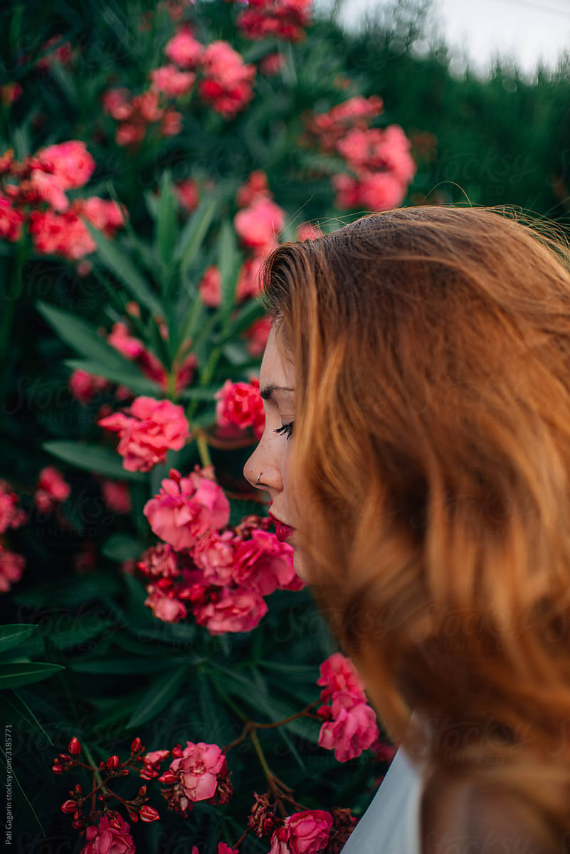 Girl and flowers.