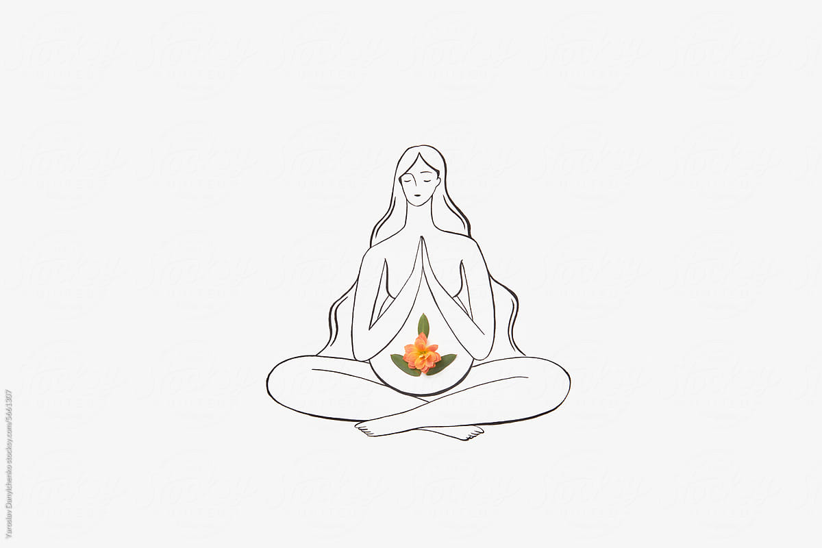 Fresh flower on pregnant belly of sketched meditating woman
