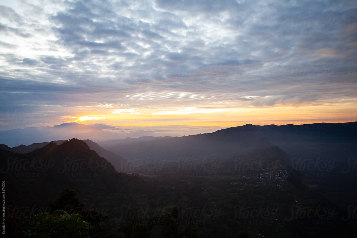 Asia Java Landscape View Sunrise Fog Clouds Sky Town Morning
